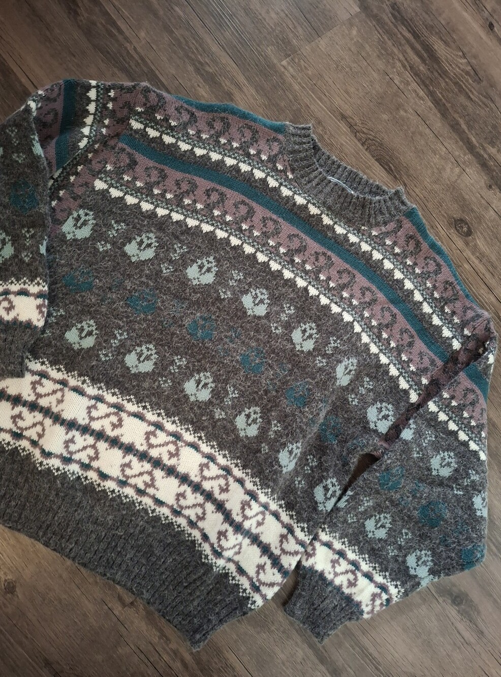 Vintage Women's Heathered Fair Isle Crewneck Sweater Teal, Gray, Cream, Purple
